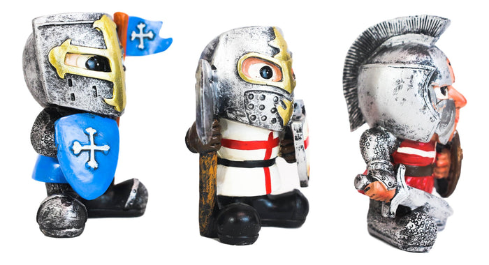 Chibi Templar Crusader Knights With Sword Axe Flag And Shield Figurine Set Of 3