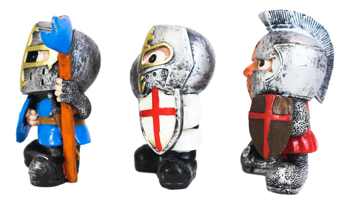 Chibi Templar Crusader Knights With Sword Axe Flag And Shield Figurine Set Of 3