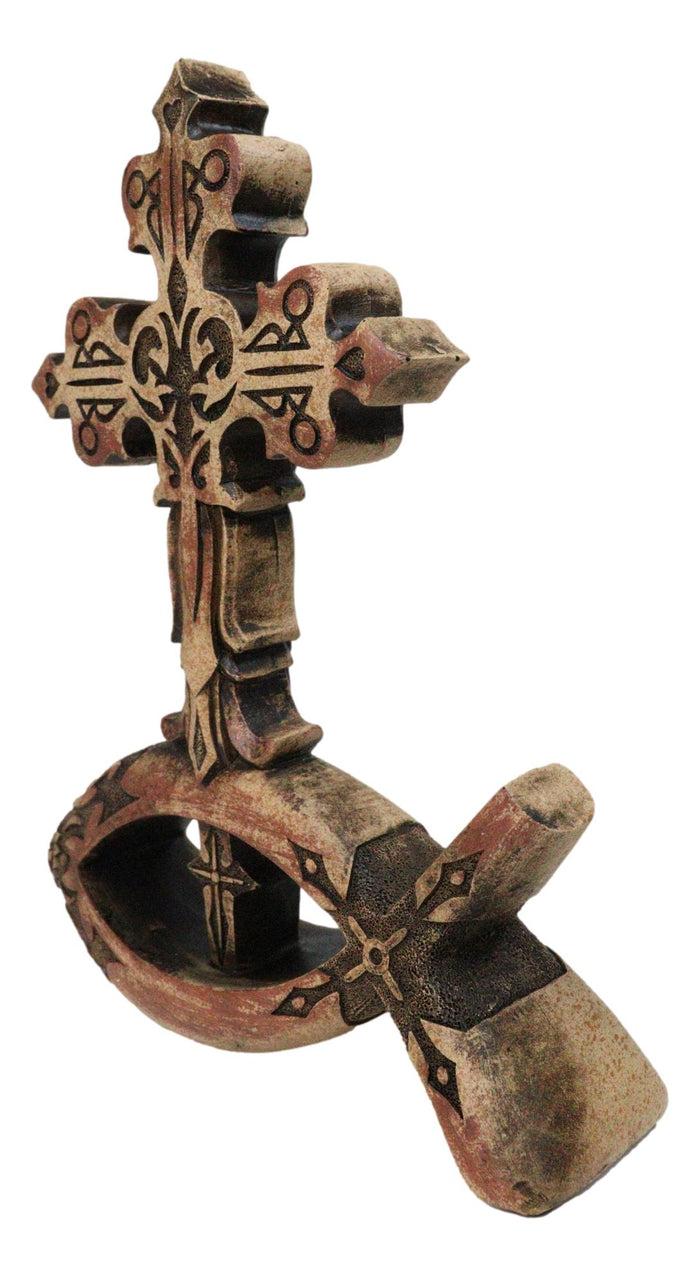 Christian Tuscany Scrollwork Cross On Jesus Fish Ichthys Base Faux Wood Figurine