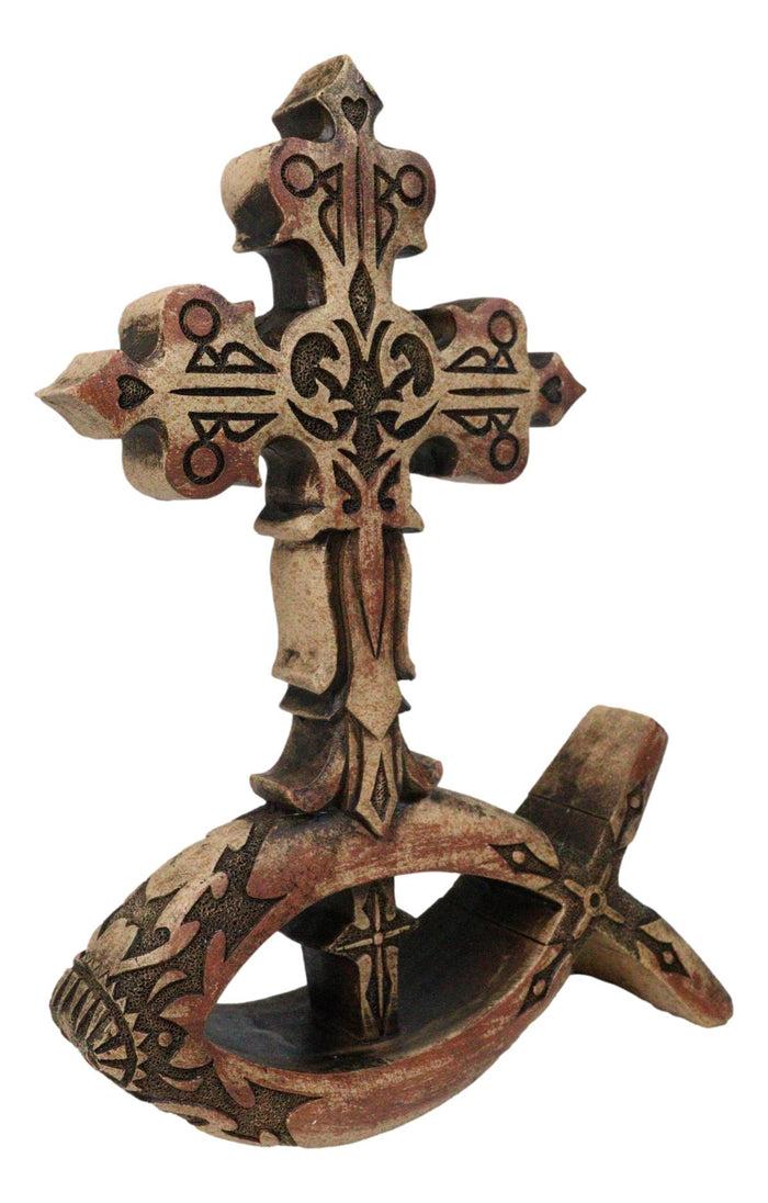 Christian Tuscany Scrollwork Cross On Jesus Fish Ichthys Base Faux Wood Figurine