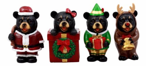 Christmas Bears Figurine Set 4"H Santa Claus Reindeer Elf Bear In The Box Wreath