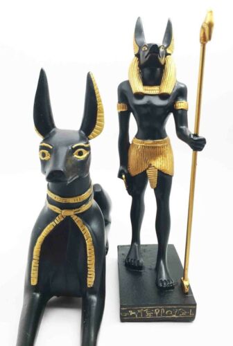 Classical Egyptian Afterlife Deity Anubis Jackal Dog And Man Form Figurine Set