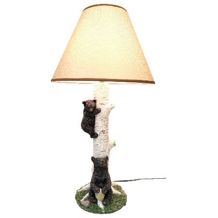 Climbing Black Bear Cub On Birchwood Tree With Mother And Beehive Table Lamp