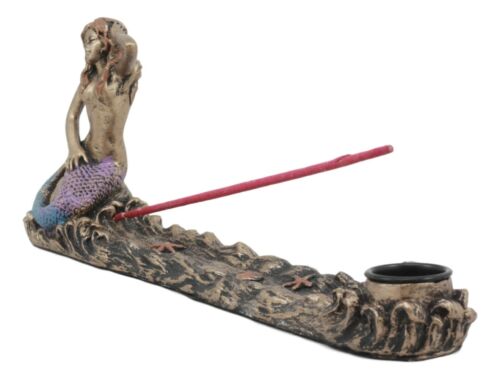 Coastal Sun Bathing Mermaid Over Ocean Waves Candle Holder Incense Burner