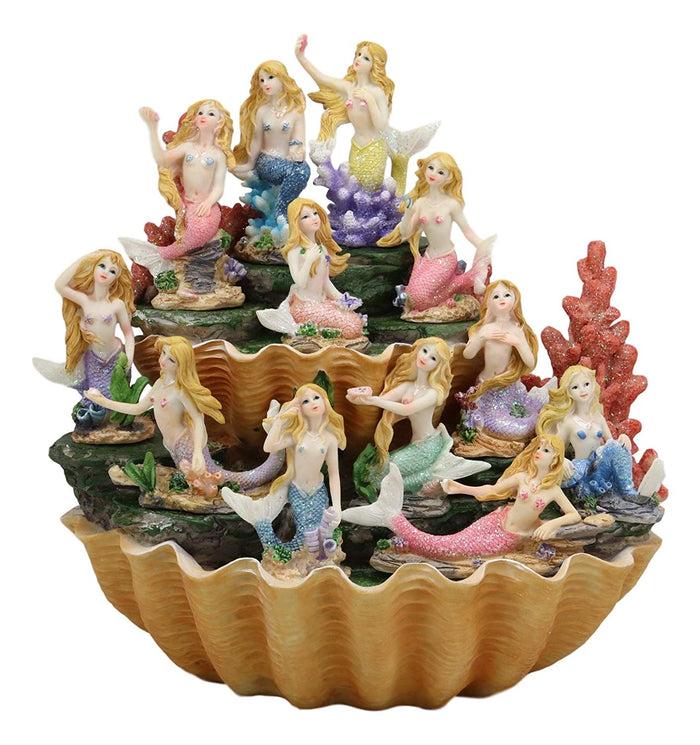Colorful 2 Tier Golden Giant Clam Shells LED Display Stand With 12 Mini Mermaids
