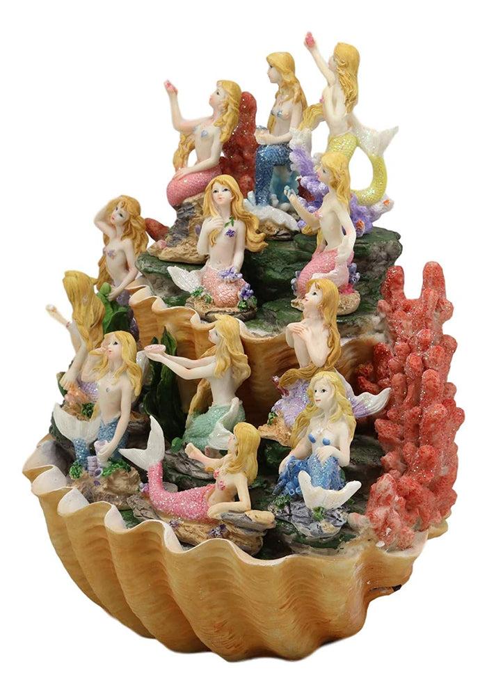 Colorful 2 Tier Golden Giant Clam Shells LED Display Stand With 12 Mini Mermaids