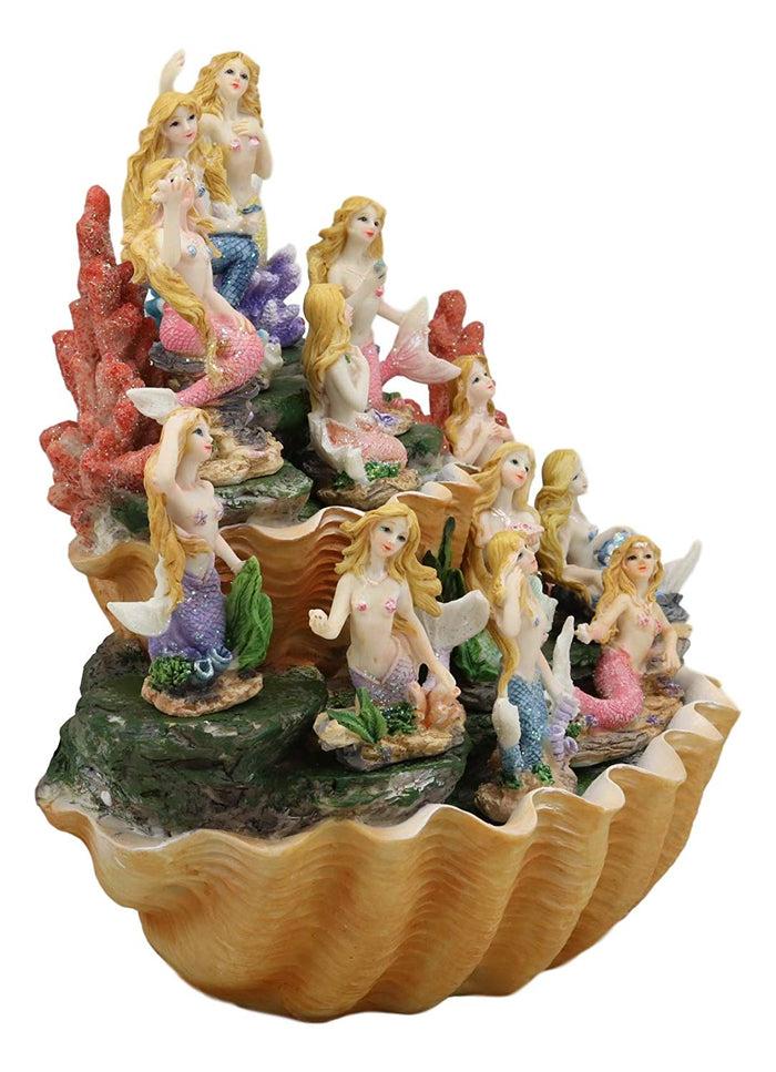 Colorful 2 Tier Golden Giant Clam Shells LED Display Stand With 12 Mini Mermaids