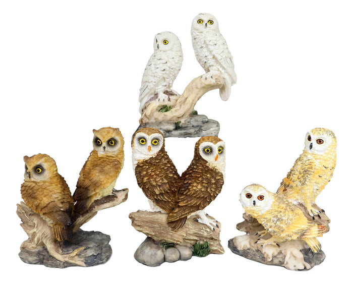 Colorful Barn Great Horned Snowy & Screech Owl Perching On Branch Figurine Set