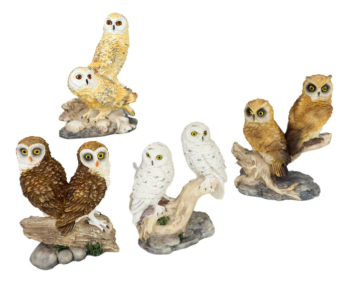 Colorful Barn Great Horned Snowy & Screech Owl Perching On Branch Figurine Set