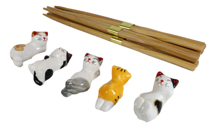 Colorful Calico Feline Kitty Cats Set Of 5 Chopsticks And Flatware Holder Rests