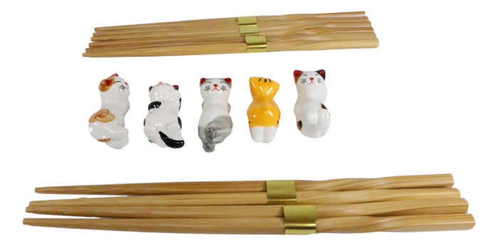 Colorful Calico Feline Kitty Cats Set Of 5 Chopsticks And Flatware Holder Rests