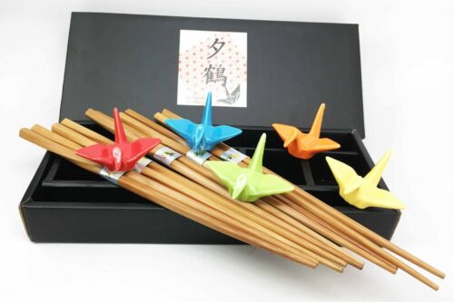 Colorful Crane Birds Set Of 5 Chopsticks And Rest Set Asian Dining Chopstick Art