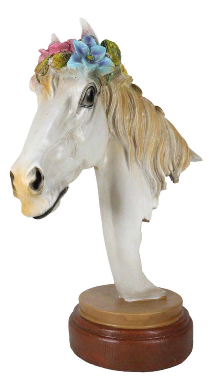Colorful Dainty White Fine Stallion Horse Bust Floral Succulents Crown Figurine