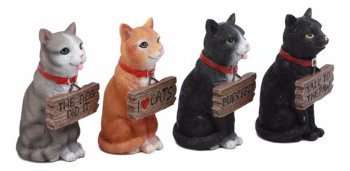 Colorful Feisty Cats Figurine Set 4"H Feline Cats And Kittens Wearing Tag Signs
