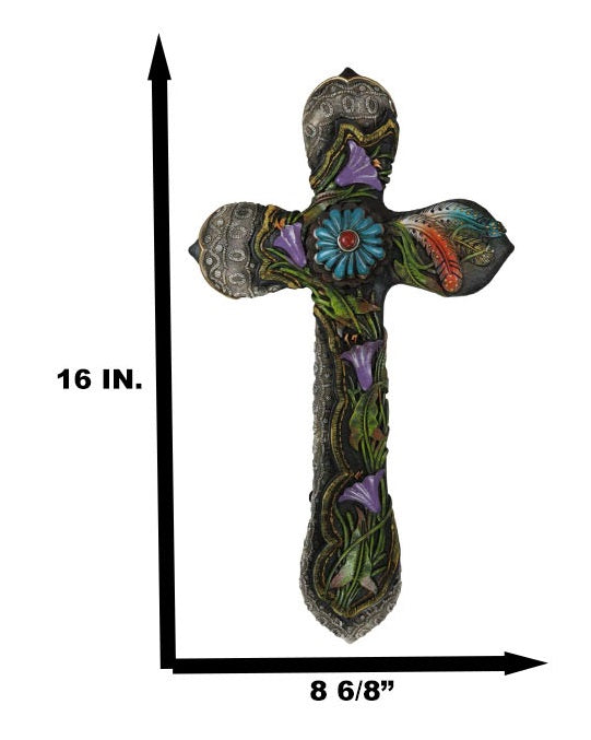 Colorful Floral Blooms And Vines With Southwestern Feathers Wall Cross Plaque
