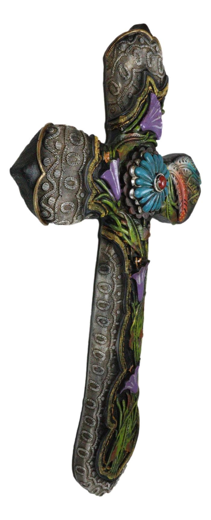 Colorful Floral Blooms And Vines With Southwestern Feathers Wall Cross Plaque