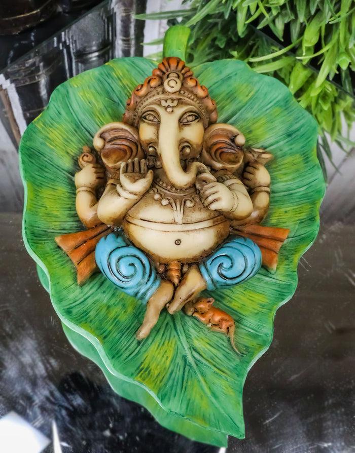 Colorful Lord Ganesha On Peepal Banyan Leaf Vastu Figurine Hindu God Of Success