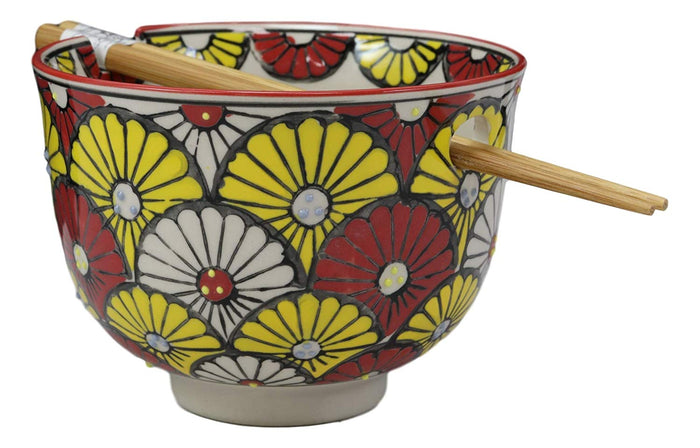 Colorful Spring Sunflowers Porcelain Ramen Soup Rice Bowl With Chopsticks Set