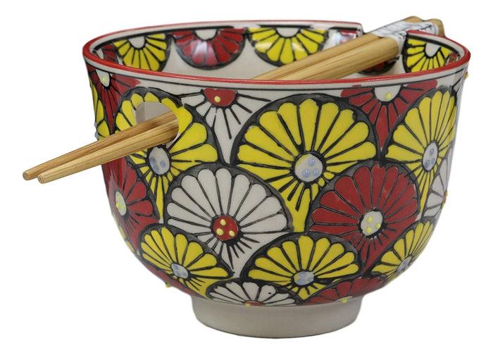 Colorful Spring Sunflowers Porcelain Ramen Soup Rice Bowl With Chopsticks Set