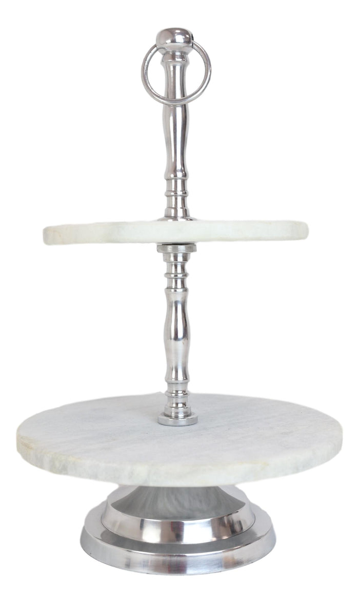 Contemporary 2 Tier Dining Tabletop Marble Aluminum Serving Platter Tray Stand