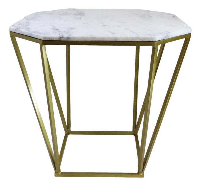 Contemporary Brushed Gold Metal With Natural Marble Top Octagonal Side Table