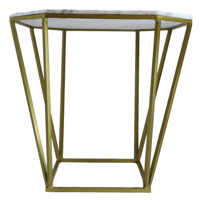 Contemporary Brushed Gold Metal With Natural Marble Top Octagonal Side Table