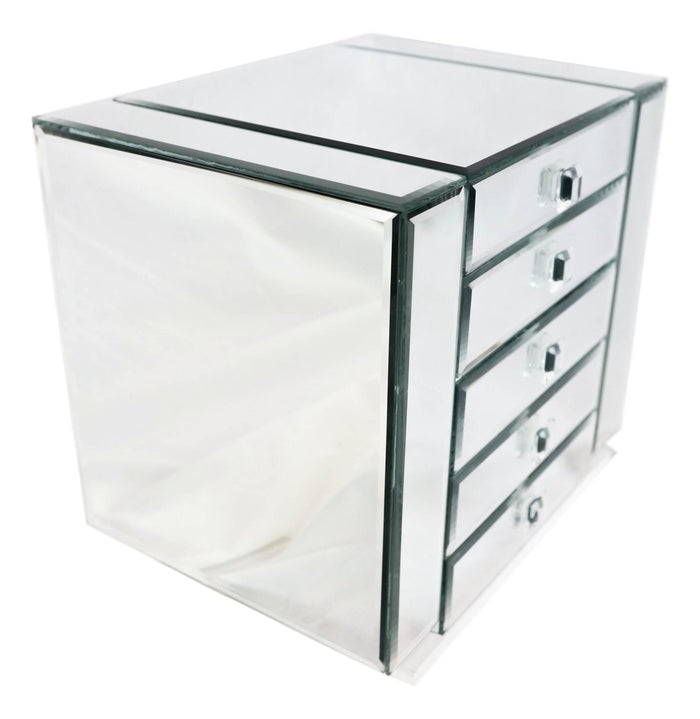 Contemporary Wooden Mirrored Glass Multiple Compartments Drawers Jewelry Box