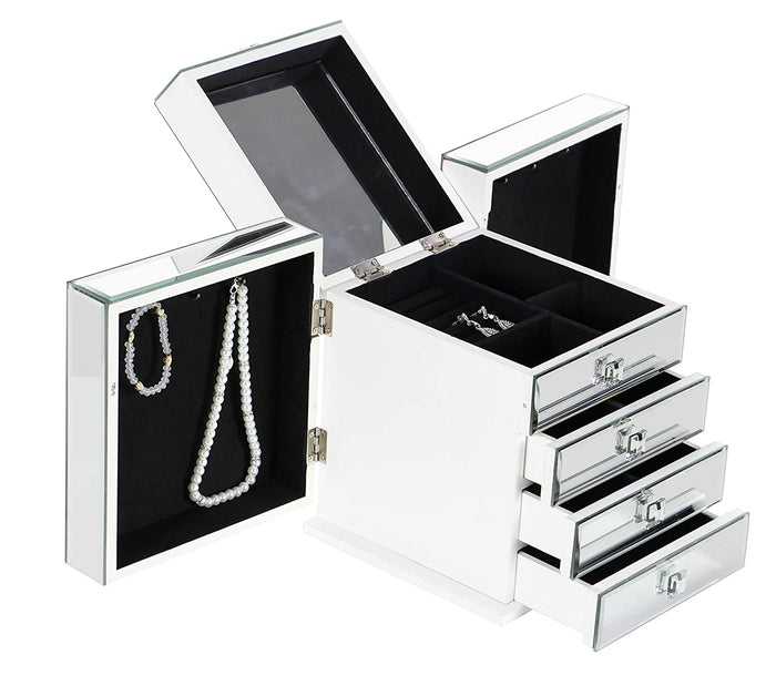 Contemporary Wooden Mirrored Glass Multiple Compartments Drawers Jewelry Box