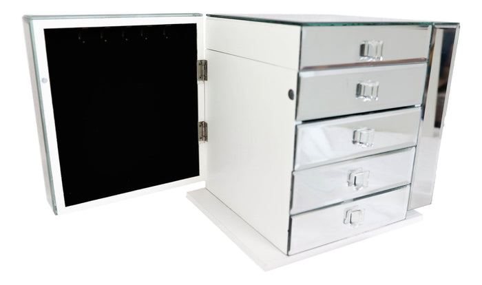 Contemporary Wooden Mirrored Glass Multiple Compartments Drawers Jewelry Box