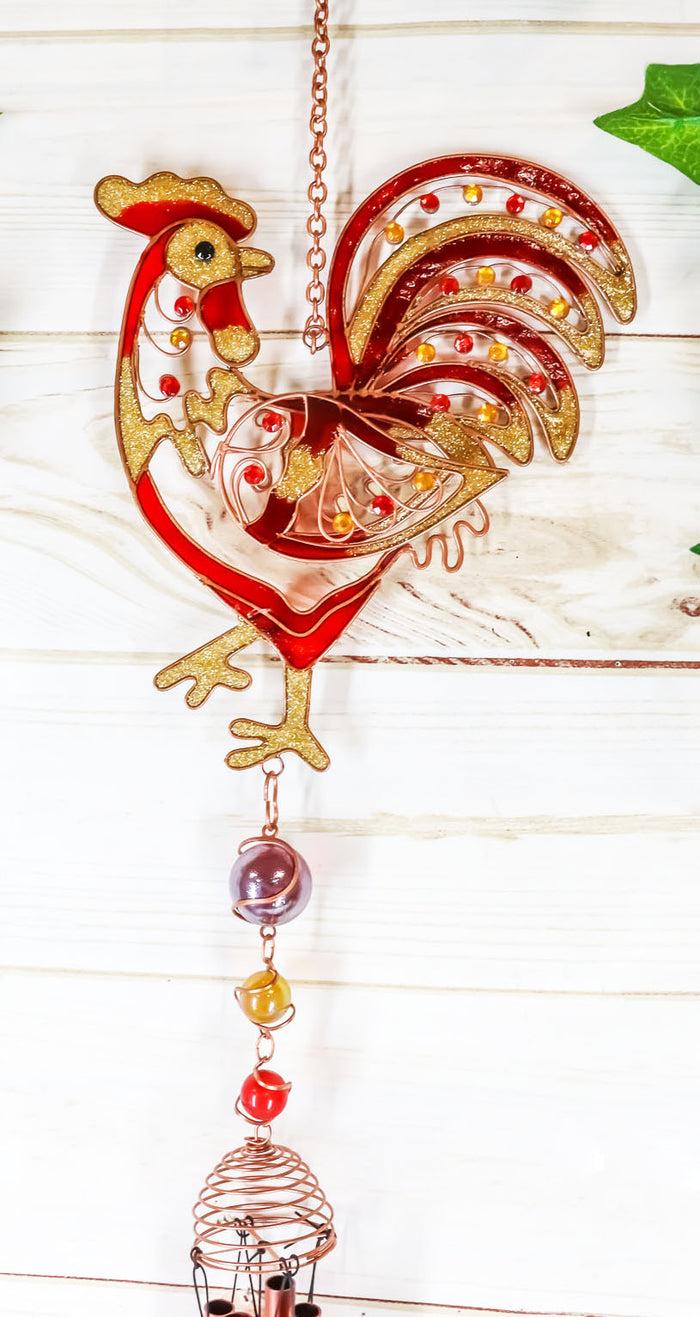 Copper Rooster Wind Chime Resonant Relaxing Garden Patio Decor Colorful Gems