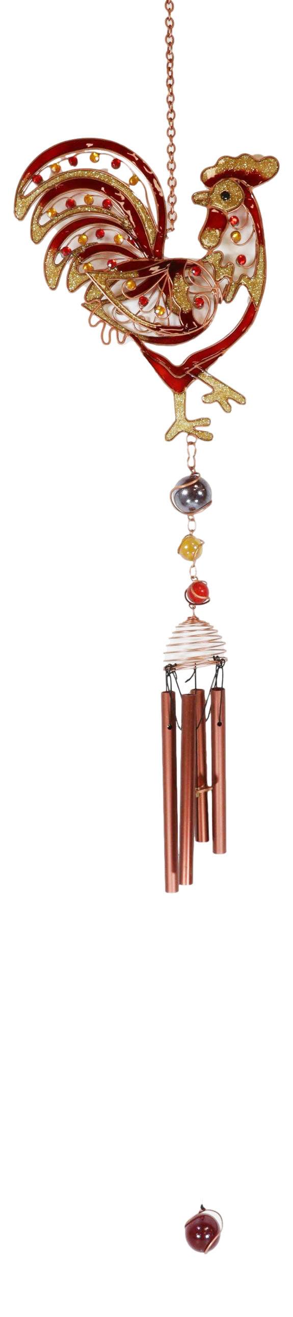Copper Rooster Wind Chime Resonant Relaxing Garden Patio Decor Colorful Gems