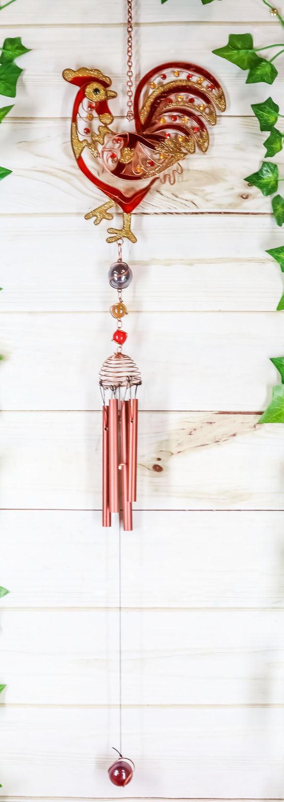 Copper Rooster Wind Chime Resonant Relaxing Garden Patio Decor Colorful Gems