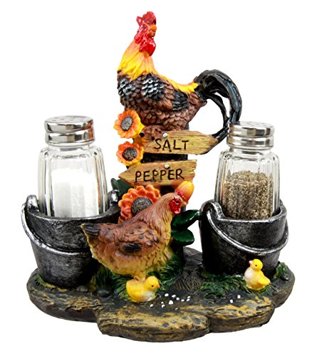 Country Rooster Hen And Chicks Family Salt And Pepper Shakers Holder Set 7"H