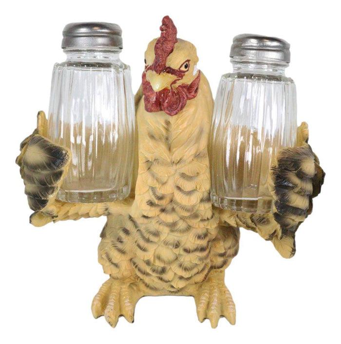 Country Rustic Barnyard Chicken Hen W/ Open Wings Salt And Pepper Shakers Holder
