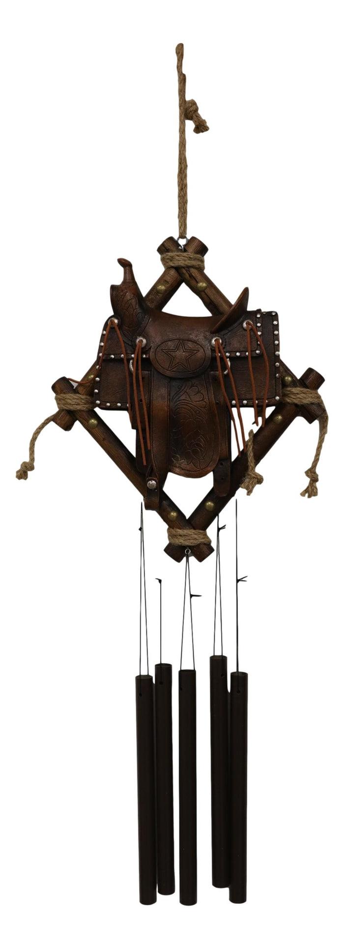 Country Rustic Cowboy Horse Saddle Faux Tooled Leather Decorative Wind Chime