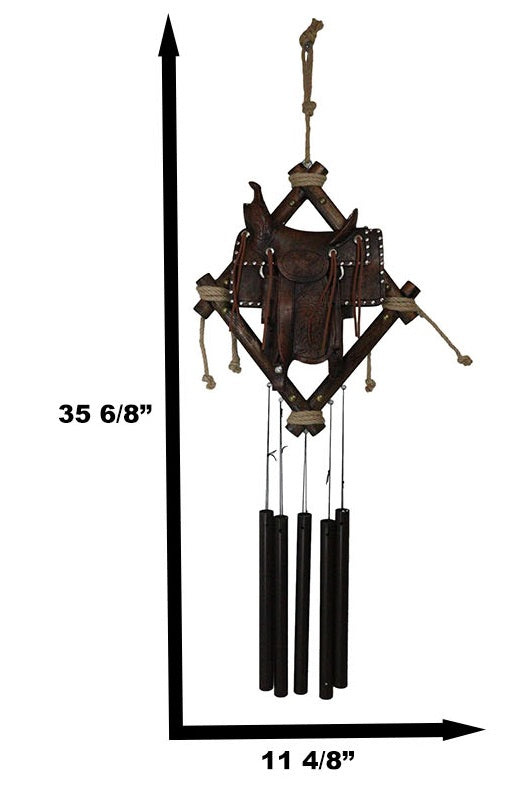 Country Rustic Cowboy Horse Saddle Faux Tooled Leather Decorative Wind Chime