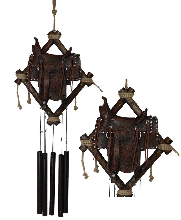 Country Rustic Cowboy Horse Saddle Faux Tooled Leather Decorative Wind Chime