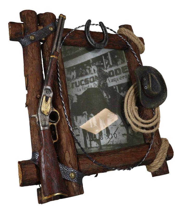 Country Rustic Cowboy Shotgun Ropes Hat Horseshoe Barnwood Picture Frame 8x10