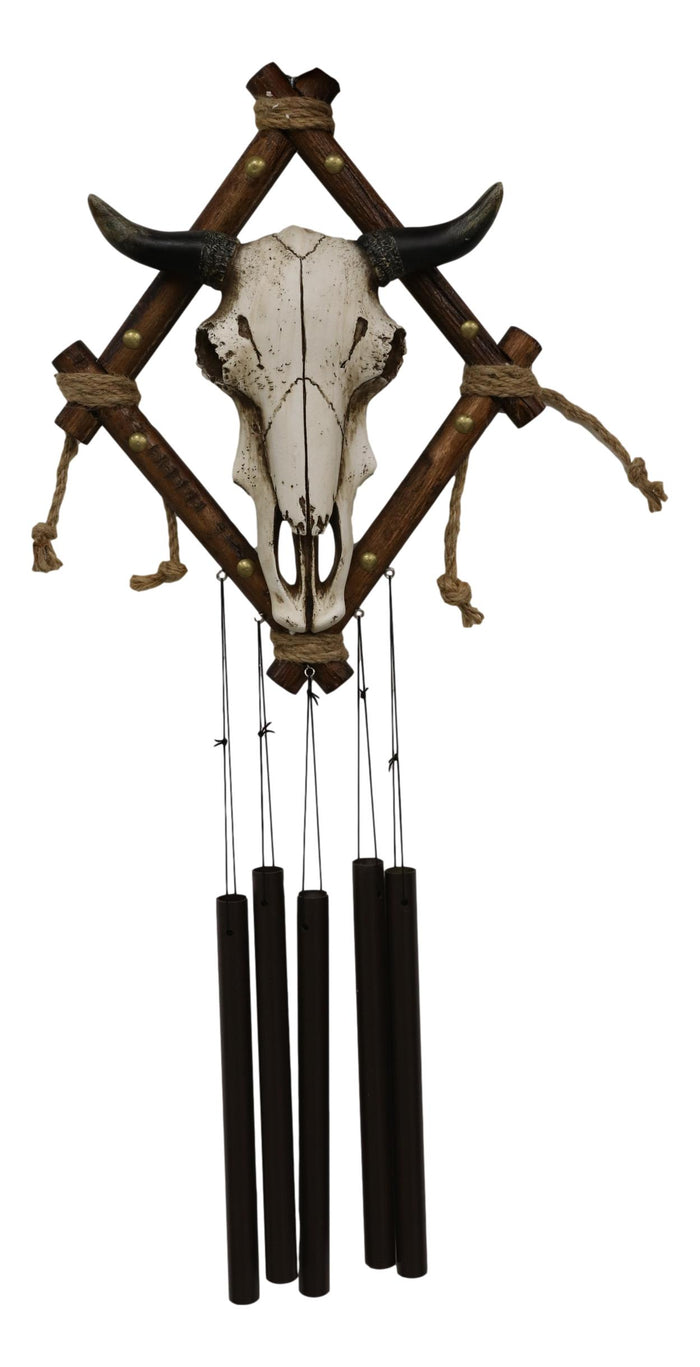Country Rustic Western Bison Bull Skull On Branchwood Decorative Wind Chime