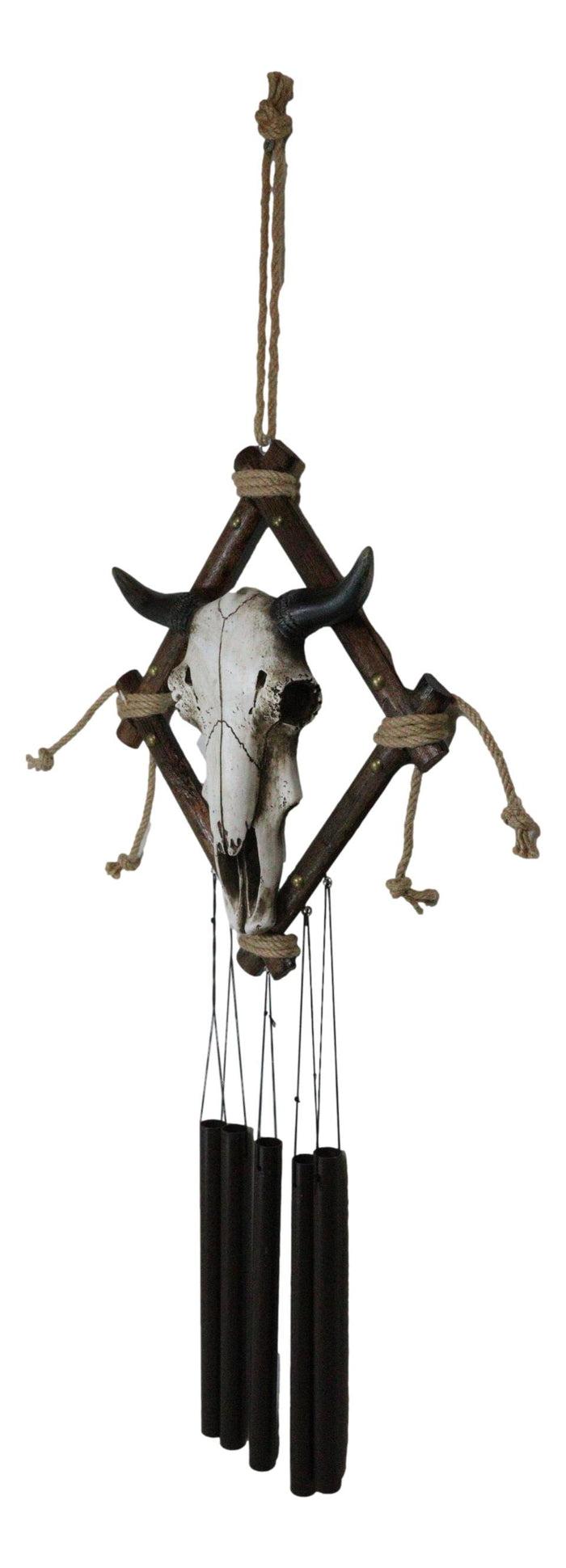 Country Rustic Western Bison Bull Skull On Branchwood Decorative Wind Chime
