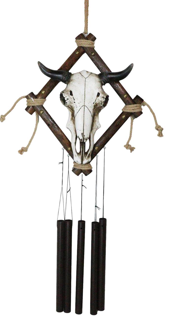 Country Rustic Western Bison Bull Skull On Branchwood Decorative Wind Chime