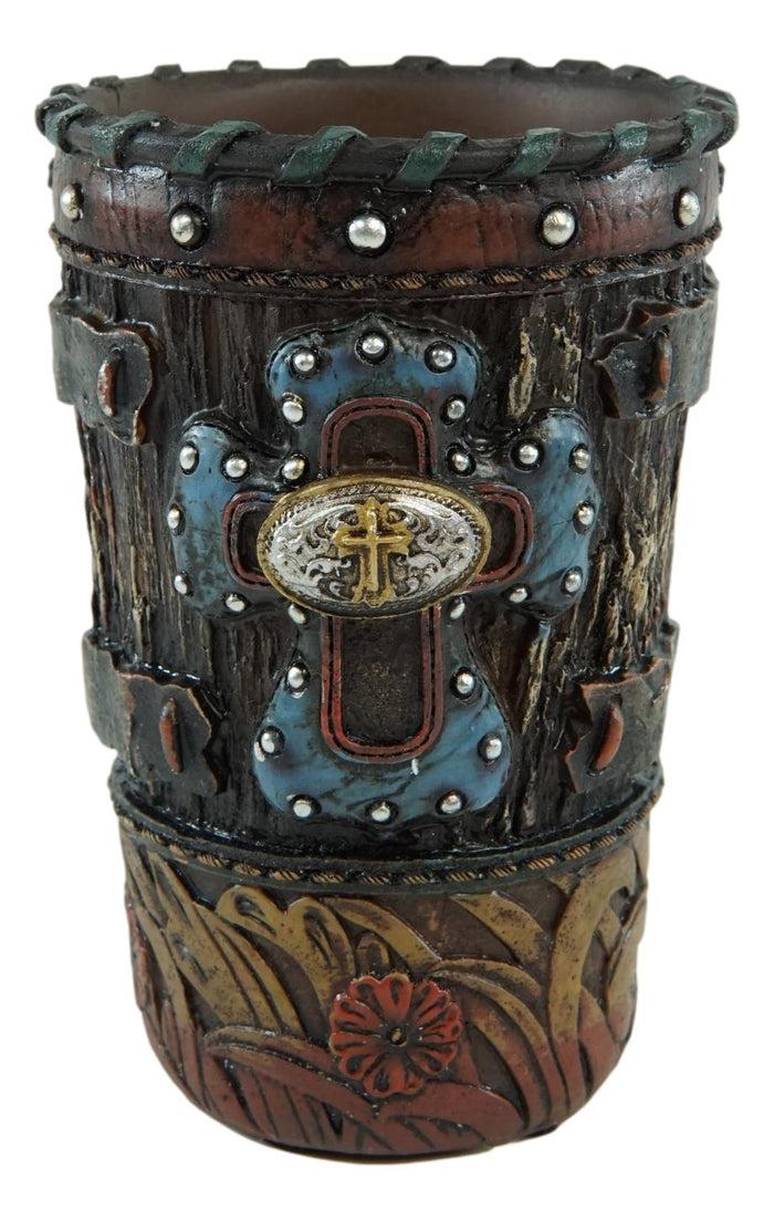 Country Rustic Western Blue Cross W/ Concho Soap Dish Toothbrush Holder Cup Set