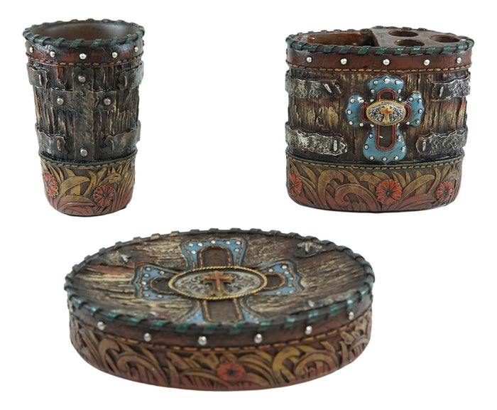 Country Rustic Western Blue Cross W/ Concho Soap Dish Toothbrush Holder Cup Set