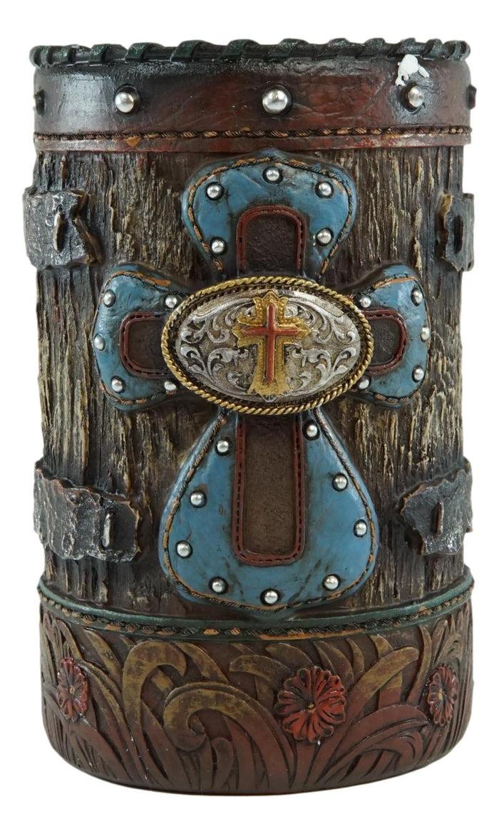 Country Rustic Western Blue Cross W/ Concho Toilet Brush And Sanitary Holder Set