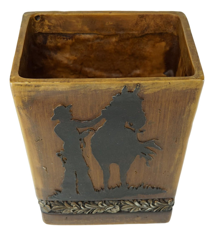Country Rustic Western Cowboy With Horse Faux Wood Waste Basket Trash Bin