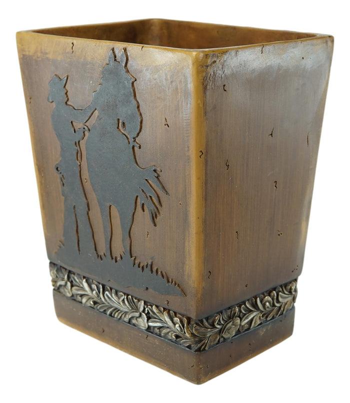 Country Rustic Western Cowboy With Horse Faux Wood Waste Basket Trash Bin