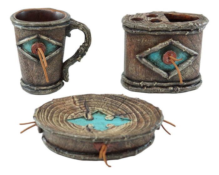 Country Western Faux Branch Wood Tumbler Cup Soap Dish And Toothbrush Holder Set