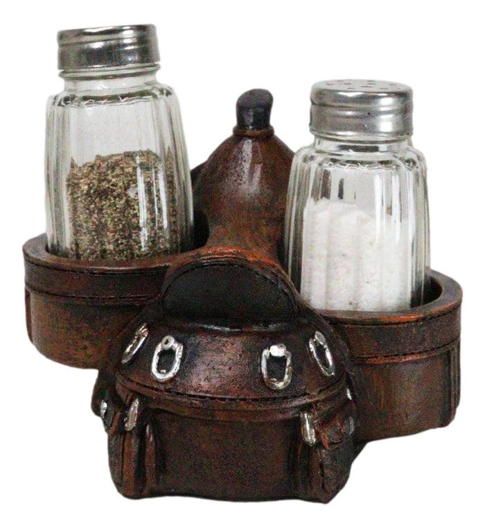 Country Western Faux Leather Cowboy Horse Saddle Salt Pepper Shakers Holder