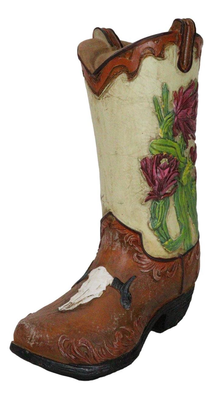 Country Western Texas Longhorn Cow Skull With Rose Cactus Cowboy Boot Money Bank