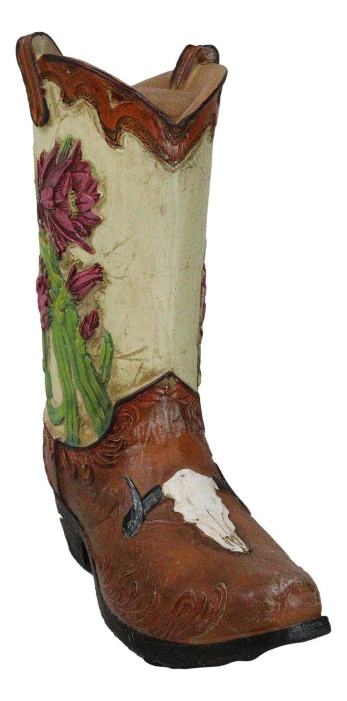 Country Western Texas Longhorn Cow Skull With Rose Cactus Cowboy Boot Money Bank